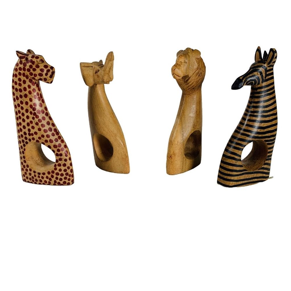 Wooden Carved Safari Animals Napkin Rings 4 Holder Zebra Leopard Tiger Elephant